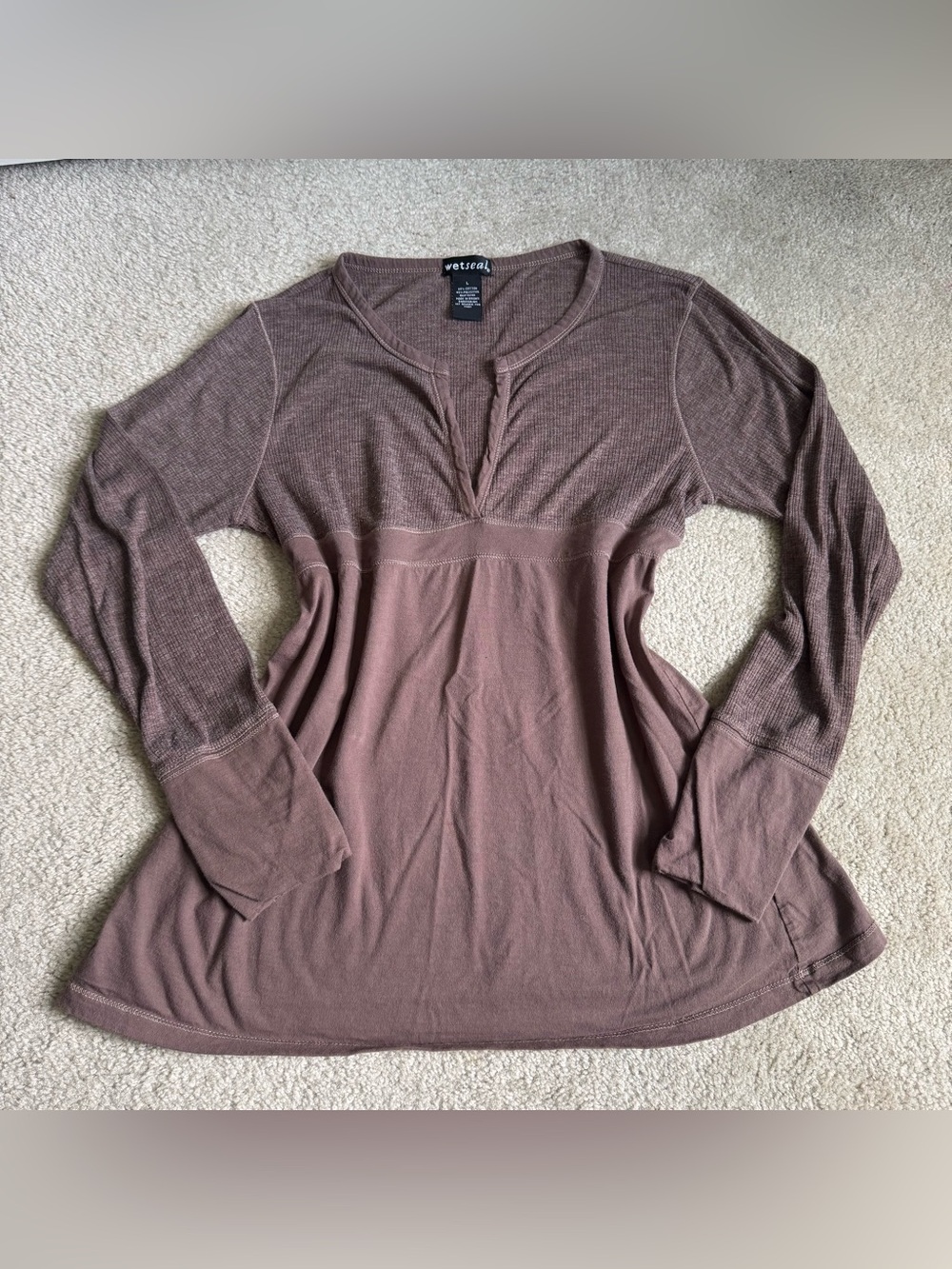 Vintage Y2K Babydoll Henley V-Neck Long Sleeve Brown Top Fairy Wet Seal